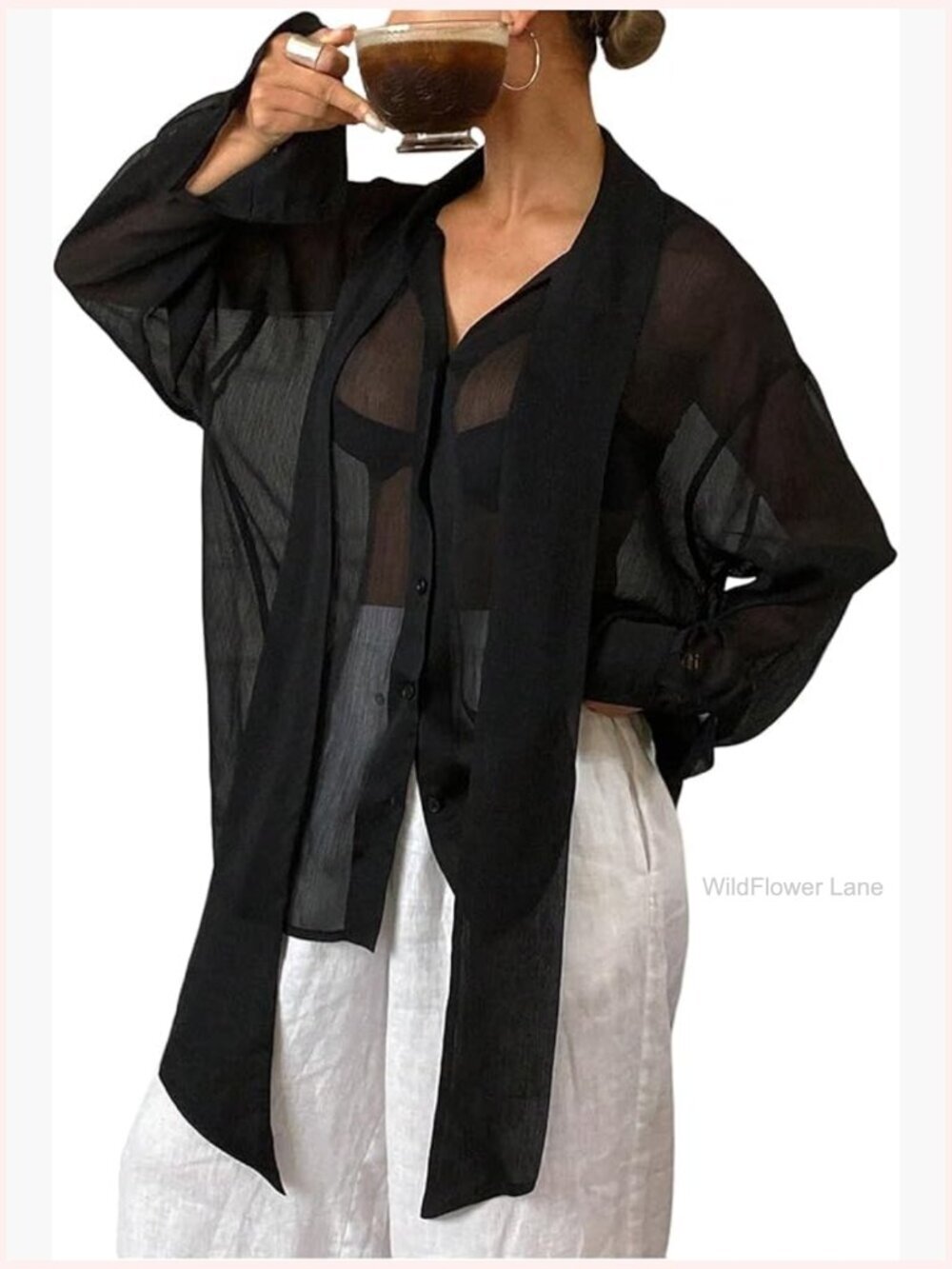 Chiffon Long Sleeve Button Down Blouse with Tie Neck Sheer Tunic Top Trendy 2025